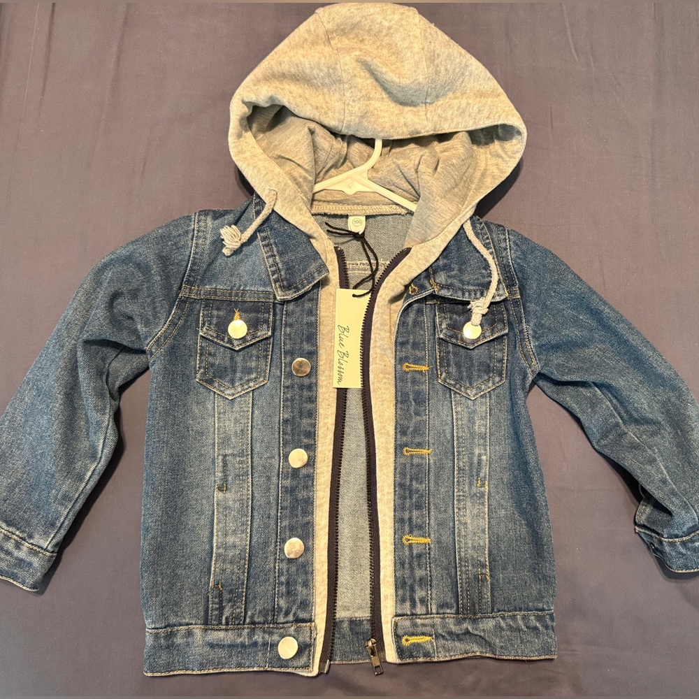 Blue Denim Boys Kids Jacket with Gray Hood